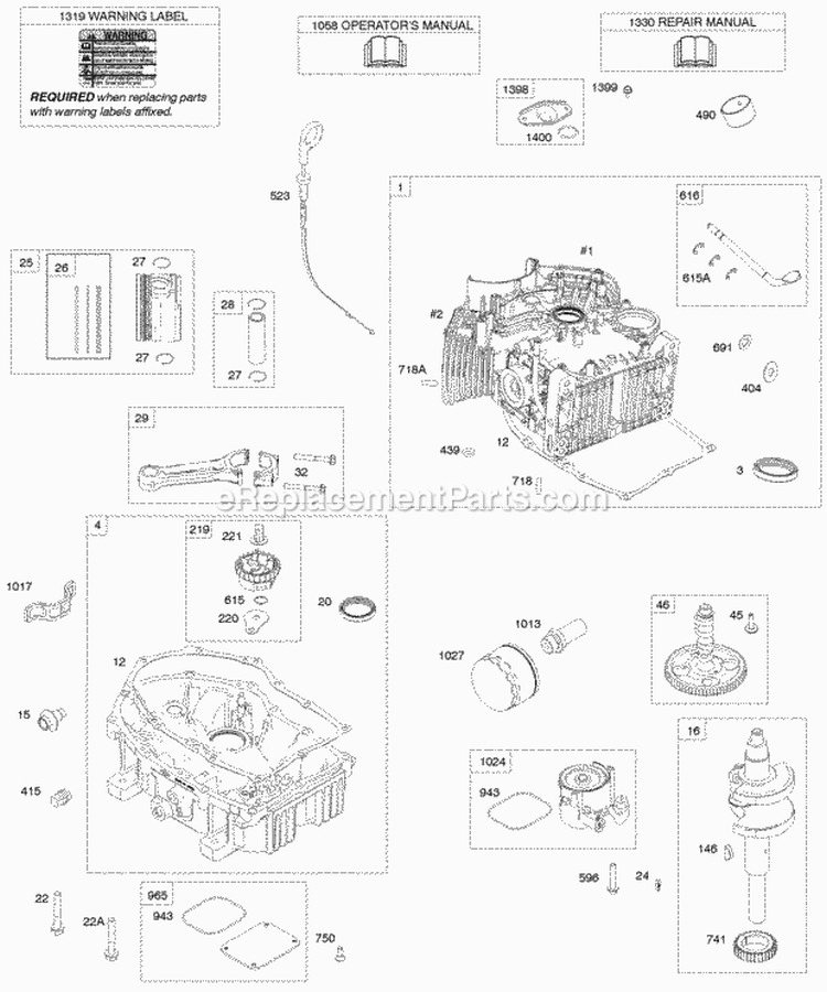 Crankcase CoverSump Crankshaft Cylinder PistonRingsConnecting Rod Camshaft Diagram and Parts List for 542777-0113-E1  Briggs and Stratton Engine